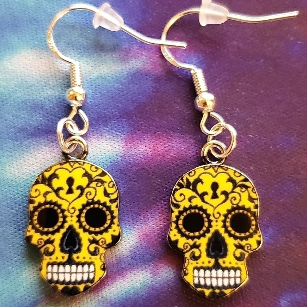 HALLOWEEN Yellow and Black Candy skull Day of the Dead earrings